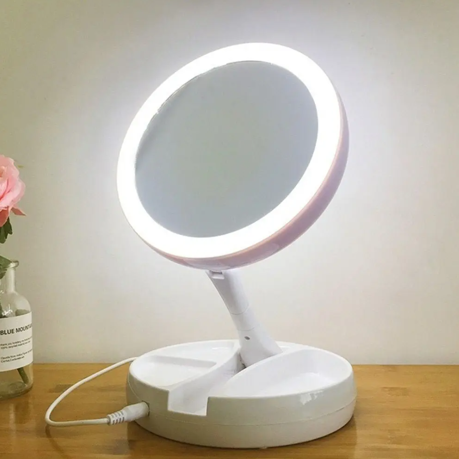 Espelho Com Led De Mesa Com Aumento 10x Led Luz Dobravel Para Maquiagem Pronta Entrega